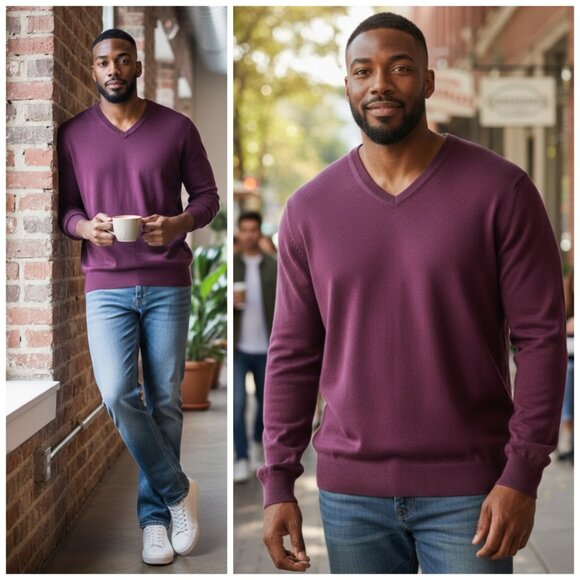 Banana Republic Luxury SILK CASHMERE Blend V-Neck Sweater Purple Plum MENS Sz L - Picture 1 of 7